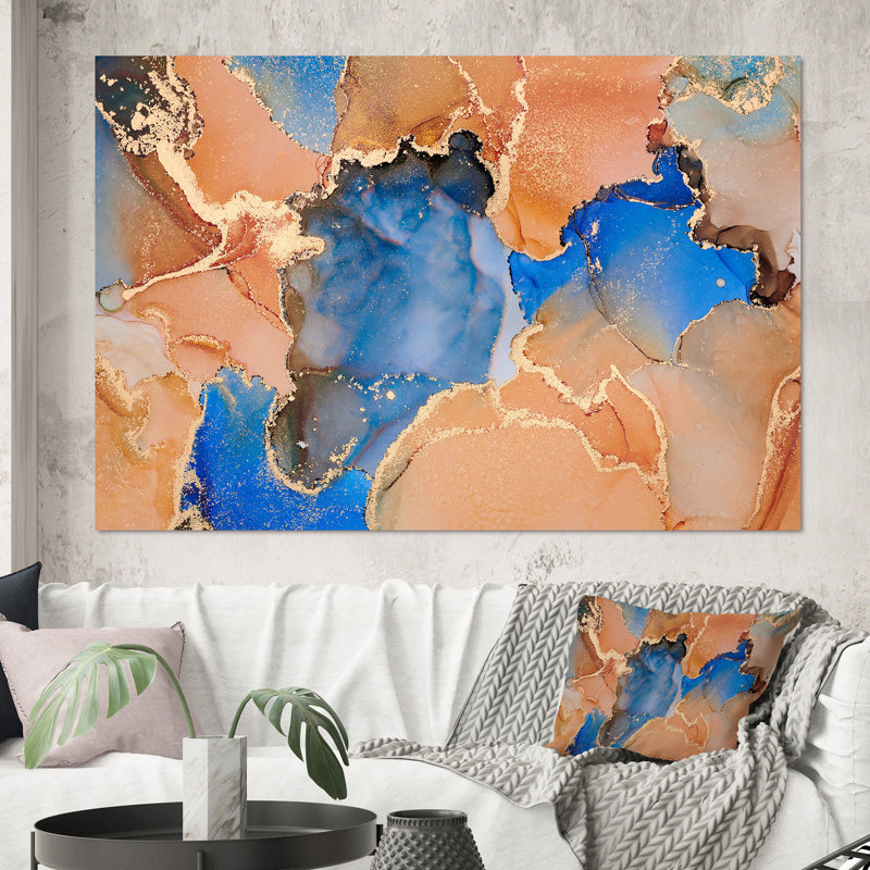 «Blue and Orange Luxury Abstract Fluid Art», peinture sur toile, H 40 po x l 60 po, Toile tendue