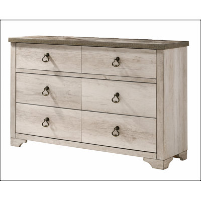 Commode 6 tiroirs de style chalet vieilli avec finition en bois de grève, plateau brun vieilli et quincaillerie à anneau traditionnel