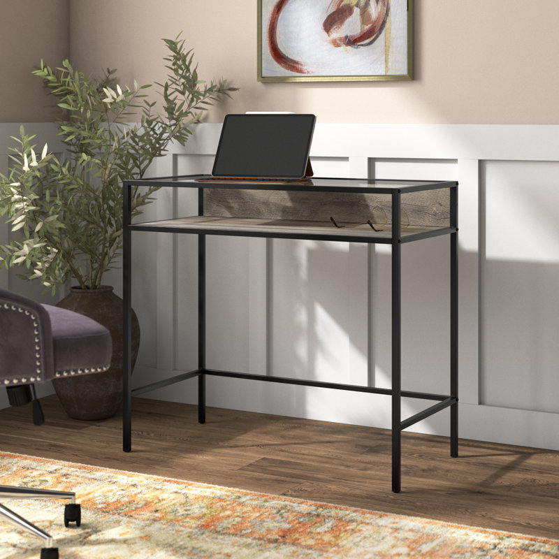Kilby Glass Top Metal Base Writing Desk, Gray Wash