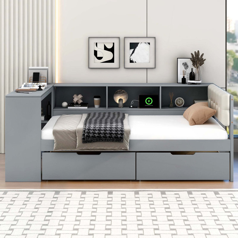 Lit plateforme en bois avec tablettes de rangement, tiroirs, station de charge et tête de lit tapissier, Gris, Lit simple