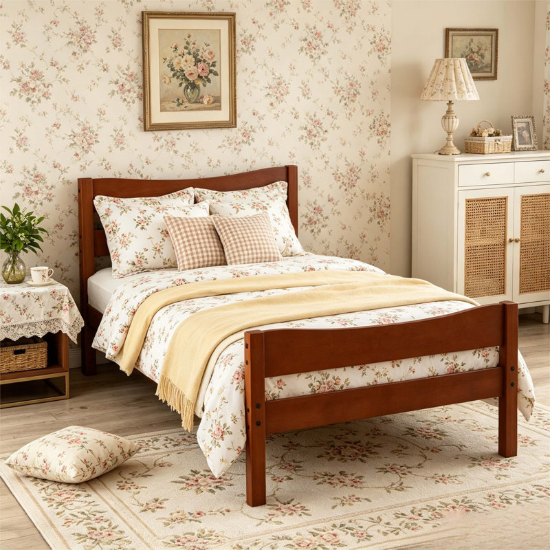 Structure de lit plateforme simple en bois avec tête de lit, capacité de poids de 250 lb, support de lattes en bois, aucun sommier tapissier requis, finition noyer