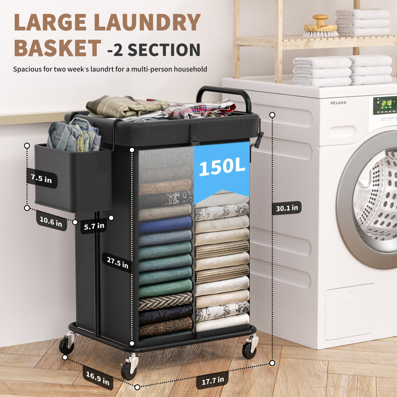 Panier à linge avec roulettes, panier à linge roulant, cadre en métal avec poignée, rangement pour couvertures, Noir mat
