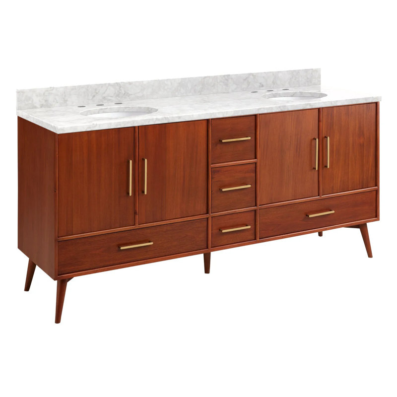 72" Novak Double Bathroom Vanity Set with Oval Undermount Sinks, Carrara Marble, Natural Teak, 8" Widespread