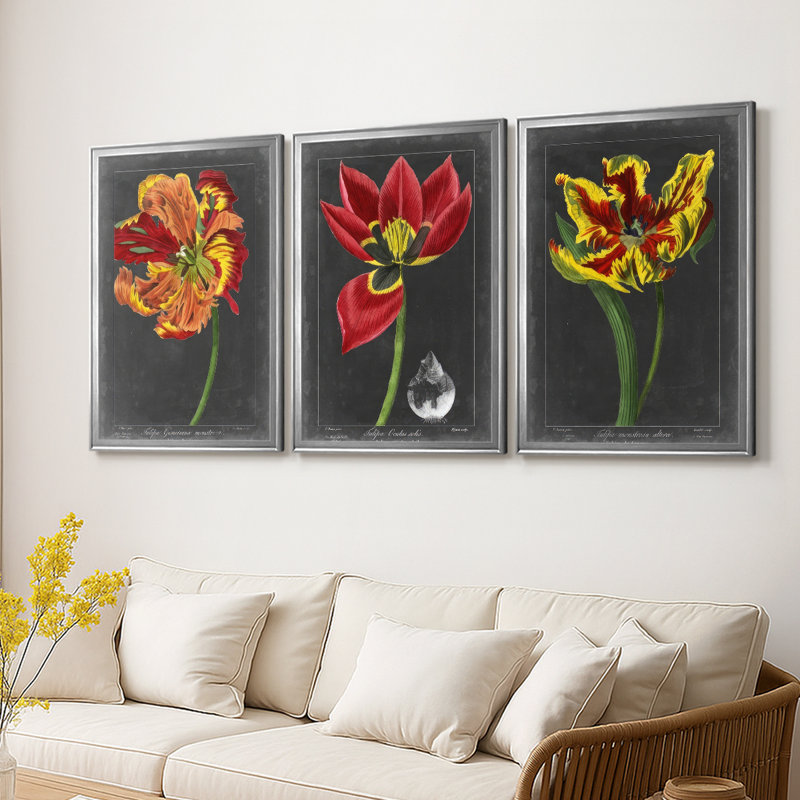 Midnight Tulip I - Toile tendue avec châssis sur mesure - 3 pièces, H 27 po x l 57 po, Argent argent