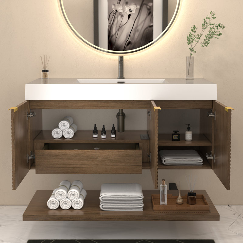 Ensemble de meuble-lavabo mural 48 pouces avec portes et tiroir intérieur Moreno Stella, Brun châtaigne