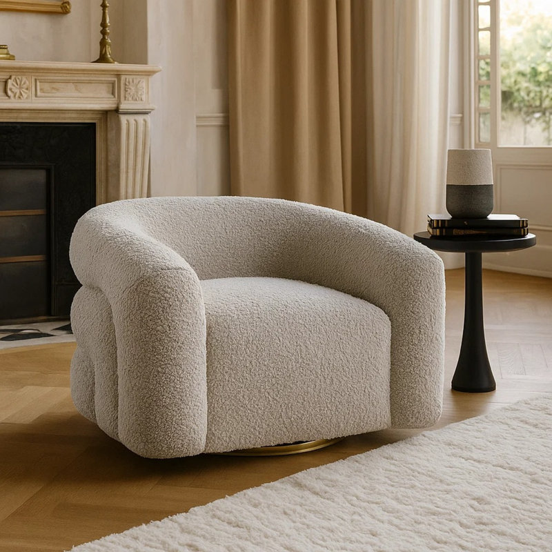 Fauteuil d'appoint pivotant Dera, dossier sculpté en forme de tonneau, rembourrage en mousse, boucle grise