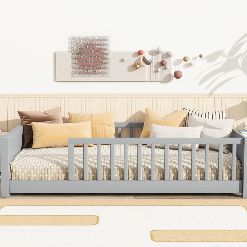 Lit simple gris avec rangement pour livres et rails, fabriqué en bois d'hévéa, 7 lattes de soutien, support compact pour espaces d'assemblage convenables, bois, lattes renforcées, facile