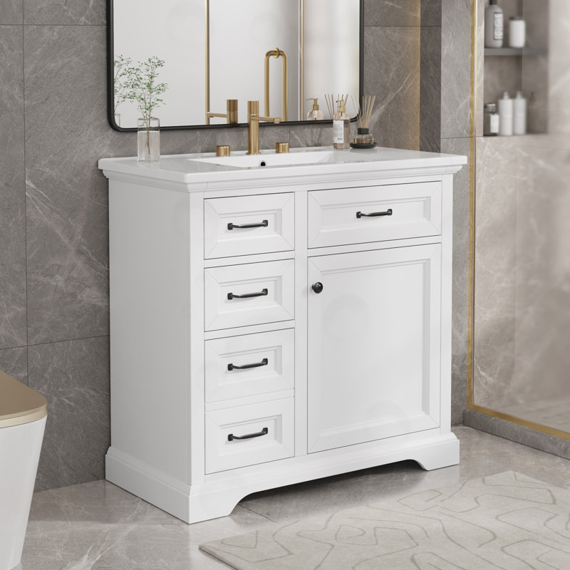 Meuble-lavabo avec 4 tiroirs et 1 porte à fermeture en douceur, Blanc