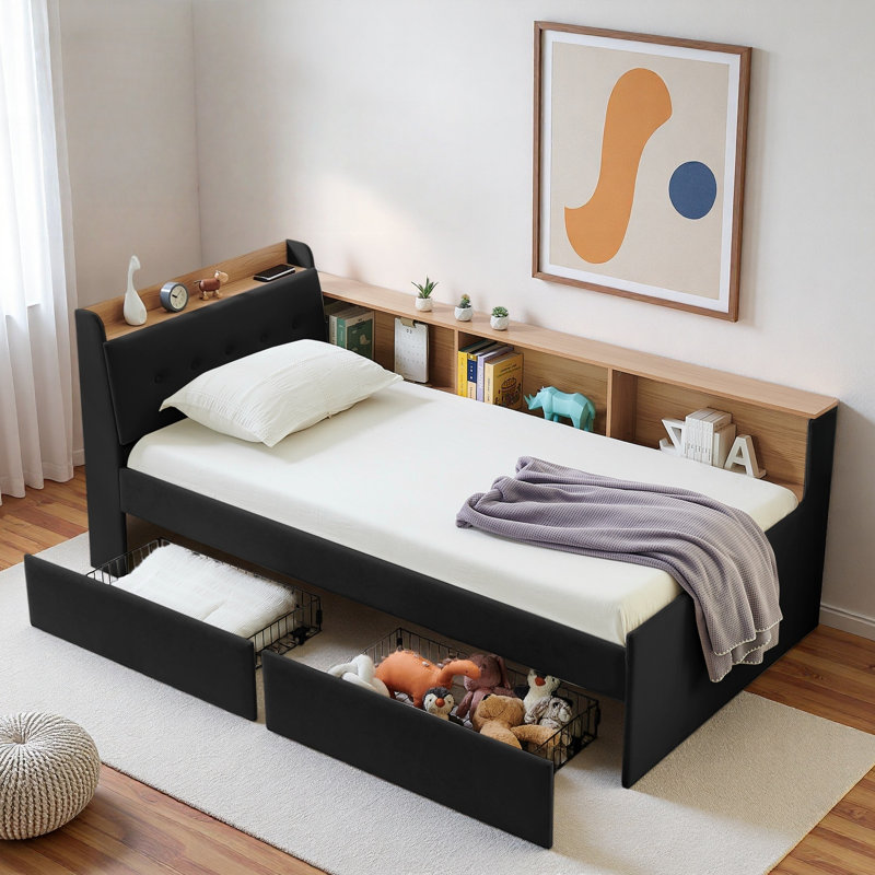 Multi-functional Daybed With Storage Headboard, Wireless Charging, 2 Storage Drawers And Led Lights, Black