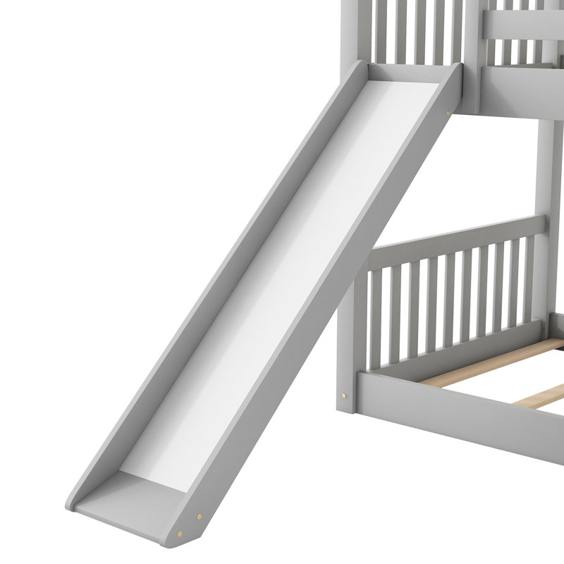 Lit simple superposé gris avec glissière intégrée et réversible, construction, solution pour chambre à coucher, bois, facile à monter, garde-corps pleine longueur, conception peu encombrante, lit en bois de pin, coffre-fort simple à utiliser