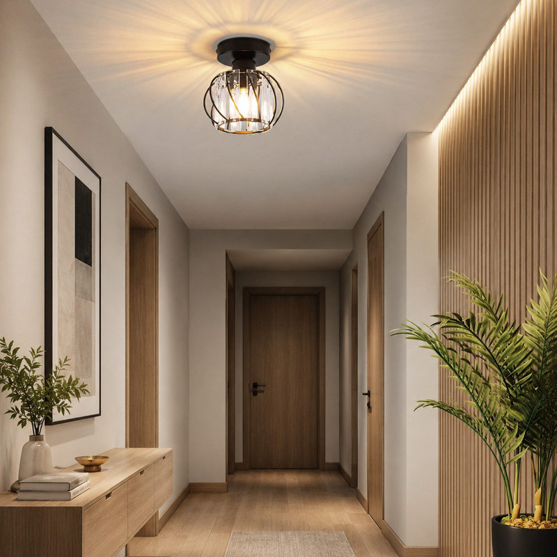 1-Light Black Flush Mount Ceiling Light - E27 Crystal Prism Ambient Light, 15cm H x 16cm W x 15cm D
