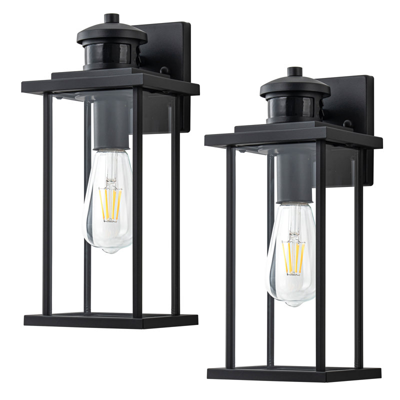 2 Pack Motion Sensor Dusk To Dawn Matte Black Outdoor Wall Lights With Clear Glass Shade