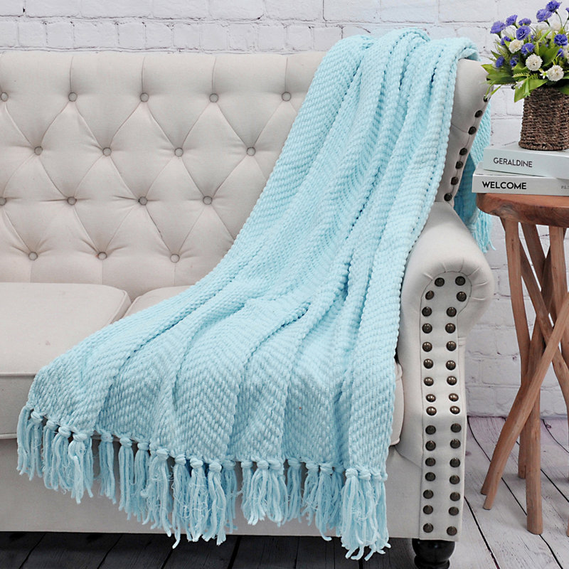 Aquamarine Knitted Reversible Throw Blanket with Tassels