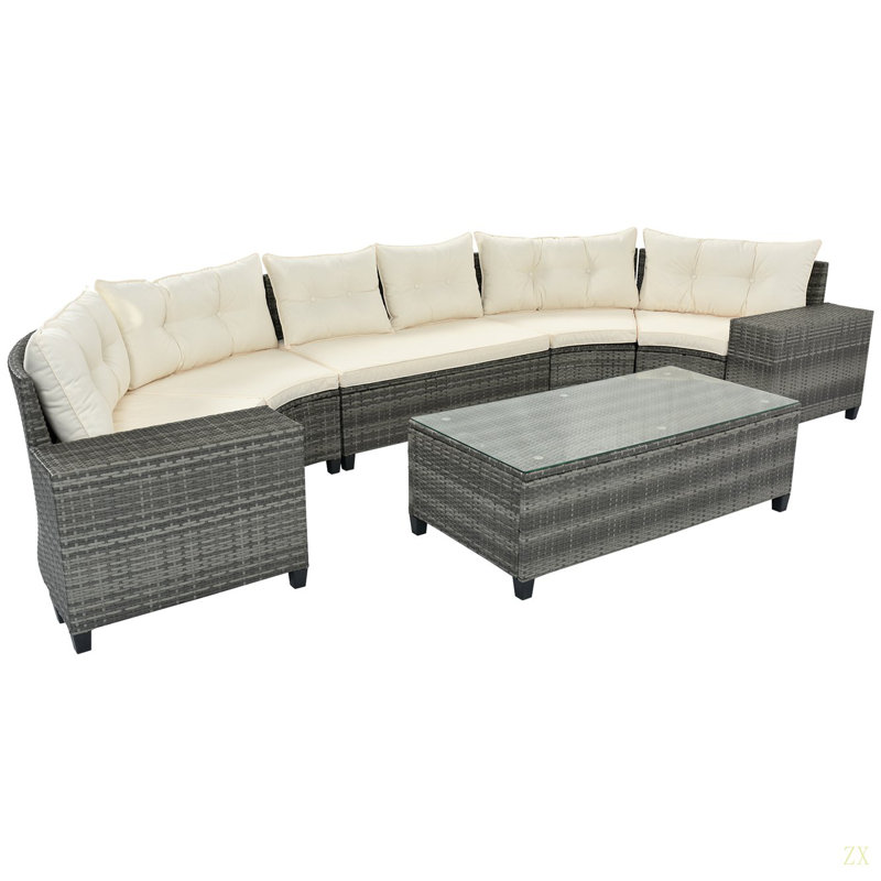 8-Pieces Outdoor Wicker Round Sofa Set, Half-Moon Sectional Sets All Weather, Curved Sofa Set With Rectangular Coffee Table, PE Rattan Water-Resistant And UV Protected, Movable Cushion