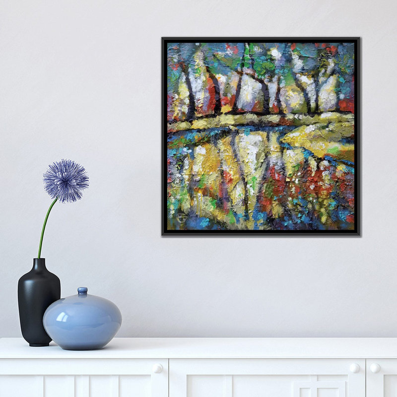 « summer creek », impression sur toile, H 18 po x l 18 po x P 1,5 po, Toile avec cadre noir, Pas de tapis