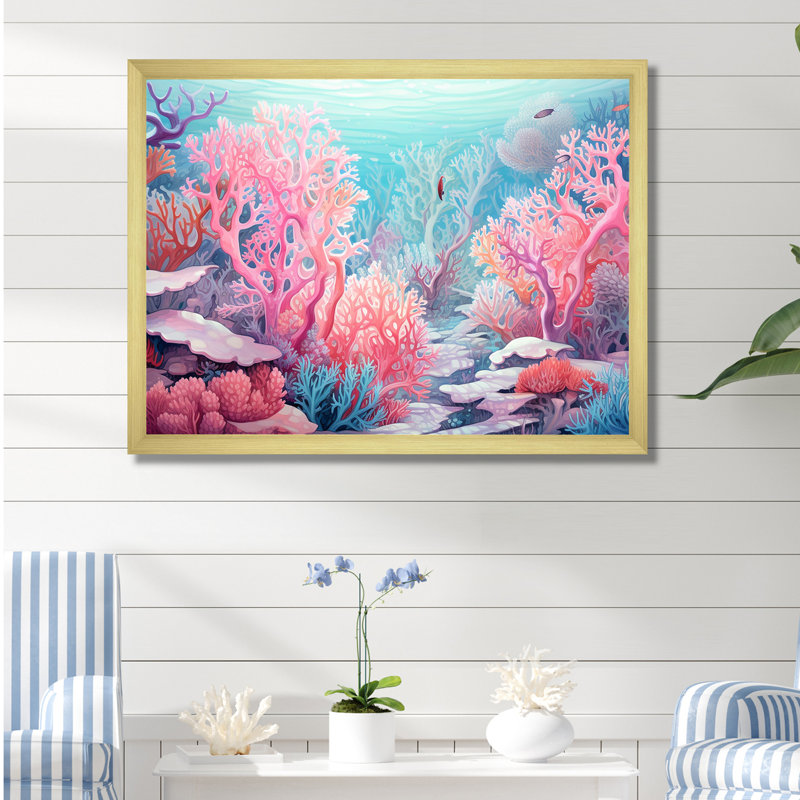 Corail, gorgonacées, monde marin sur toile, H 16 po x l 32 po x P 1 po, Encadrement doré