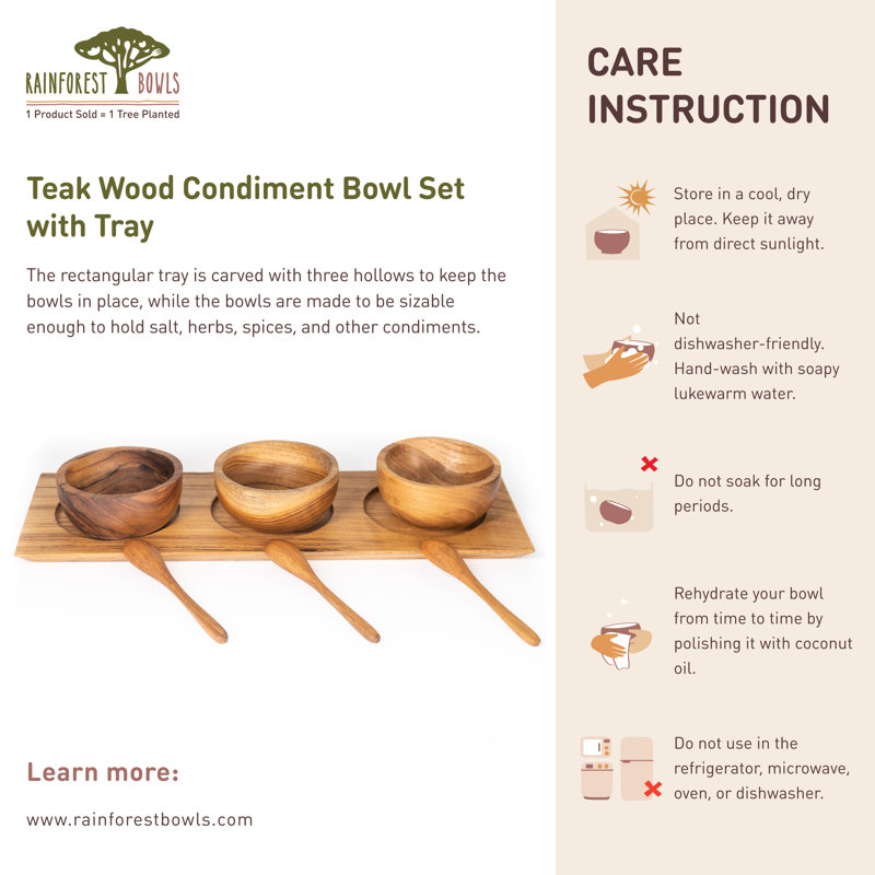 Handcrafted Teak Wood Condiment Bowl Set with Tray
