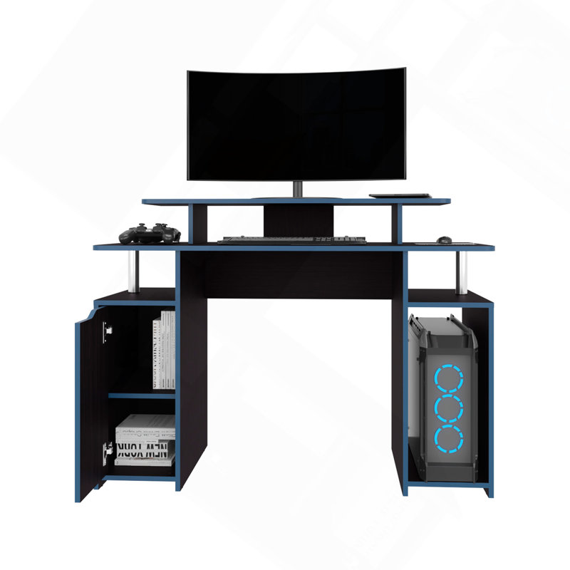 Bureau de jeu 47 po à 2 niveaux avec trois tablettes et support pour tour d'ordinateur, noir
