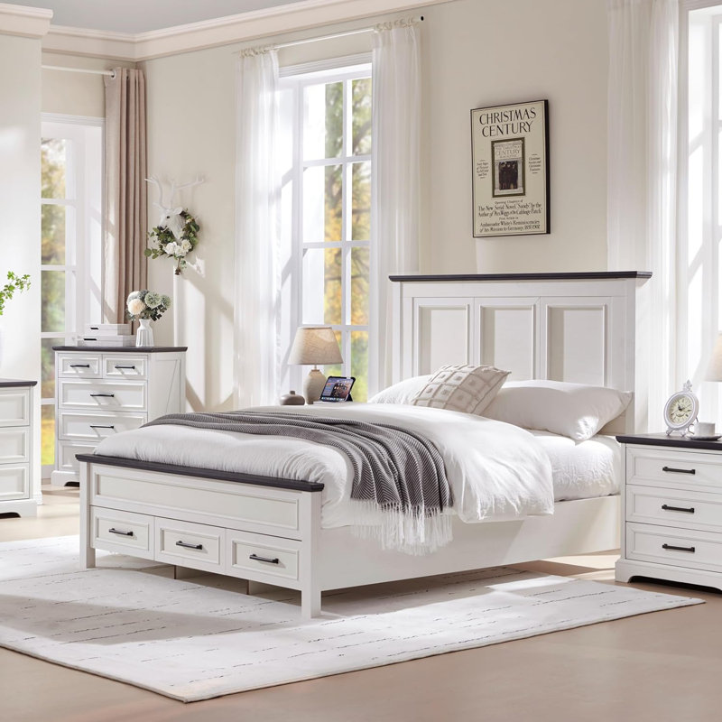 Robincroft Farmhouse Bed Frame With 52" Headboard Wood Platform Bedframe With Storage Drawers, White, King