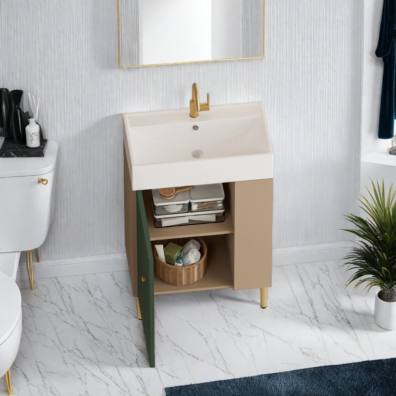 Meuble-lavabo compact 21,6 po avec lavabo et rangement en céramique, assemblage requis, Vert