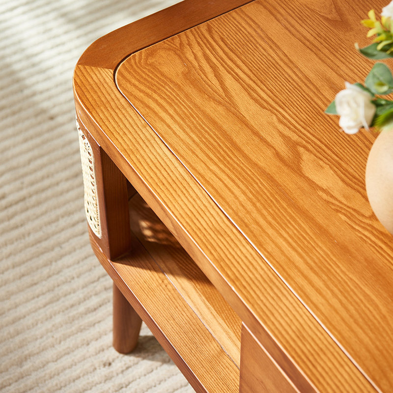 Solid Wood Coffee Table with Rattan Drawer Storage, Brown