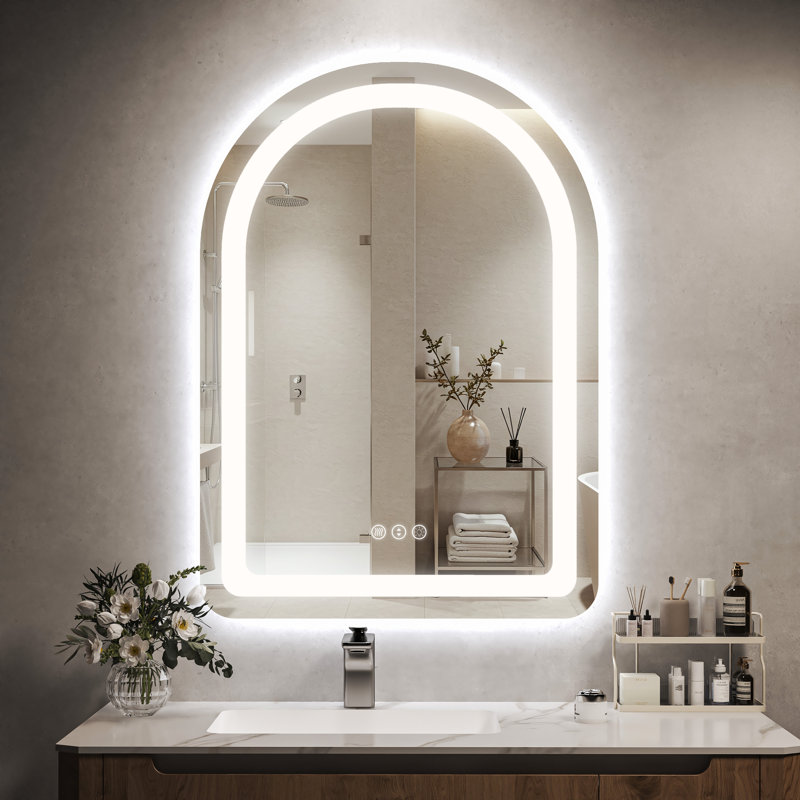 Miroir de salle de bain arqué 20 po x 28 po à DEL - homologué UL, anti-buée