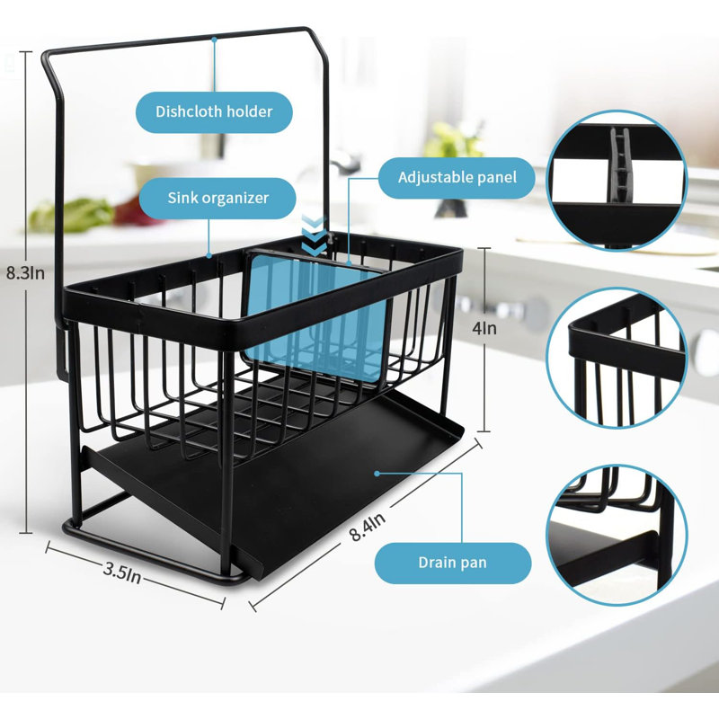 Support de rangement pour évier de cuisine - Porte-éponge en acier inoxydable avec barre de suspension amovible et plateau de drainage automatique