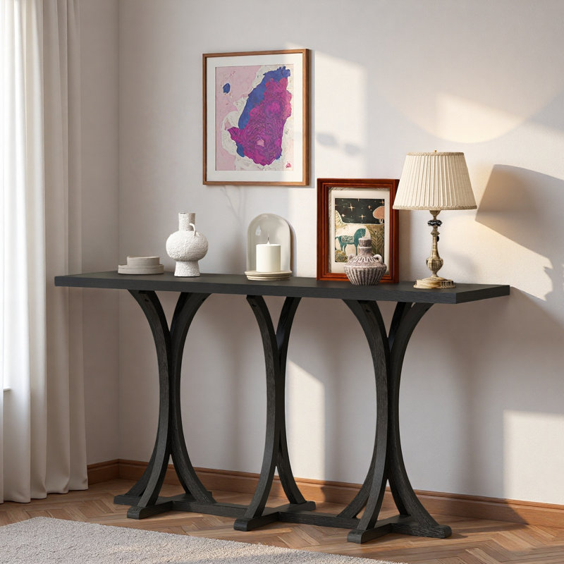 Console en bois avec plateau en placage de chêne et pieds courbés, Noir