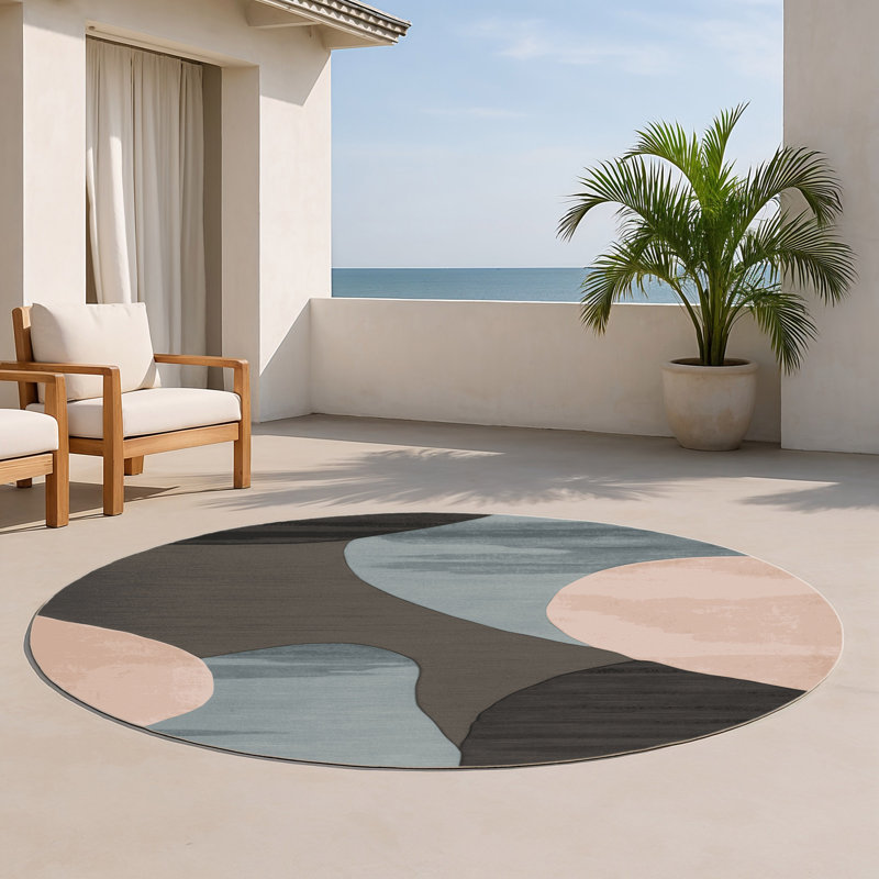 Watercolor Black Indoor and Outdoor Area Rug, Round 5'