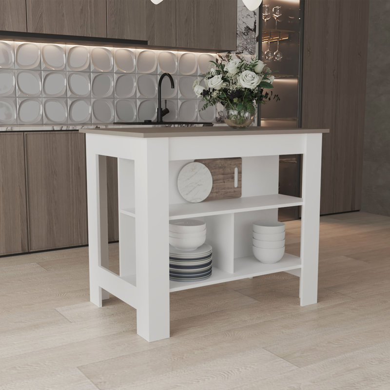 Grand îlot de cuisine à 2 niveaux Courson, Noyer, Blanc, H 27,5 po x l 27,5 po x P 40,5 po