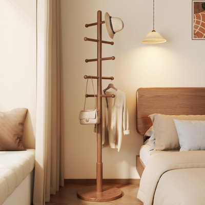 Solid Wood Freestanding Coat Rack with 10 Hooks, Adjustable Height Coat Tree Stand for Entryway Bedroom Office, Walnut Finish