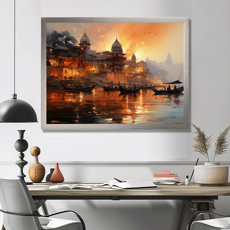 Indian Art Sunset At - Art mural indien, H 34 po x l 44 po x P 1,5 po, Cadre flottant brun