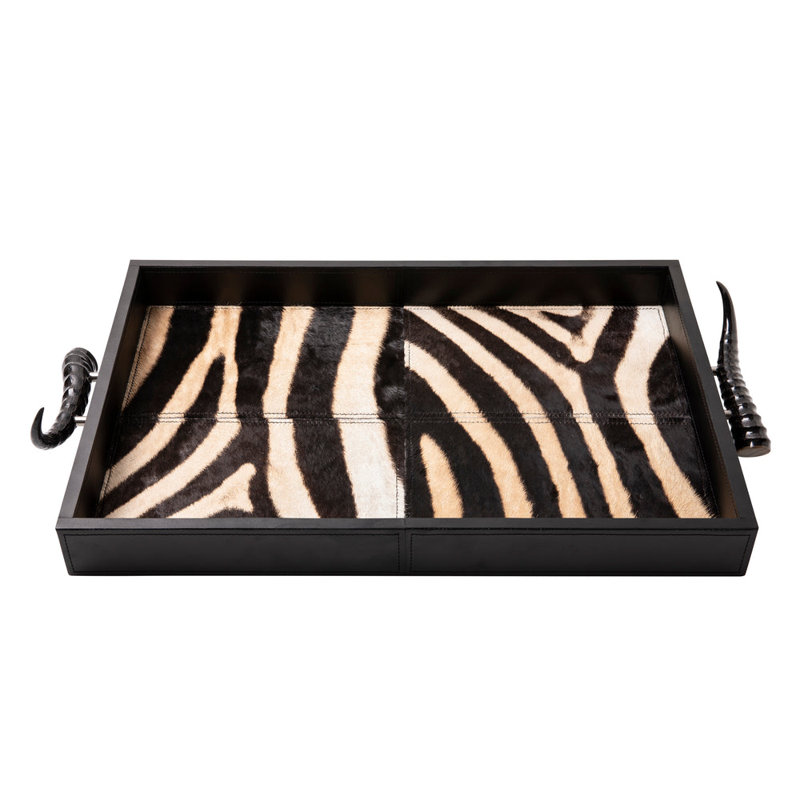 Leather Rectangle Tray W/ Zebra Inlay - Springbok Horn Handles