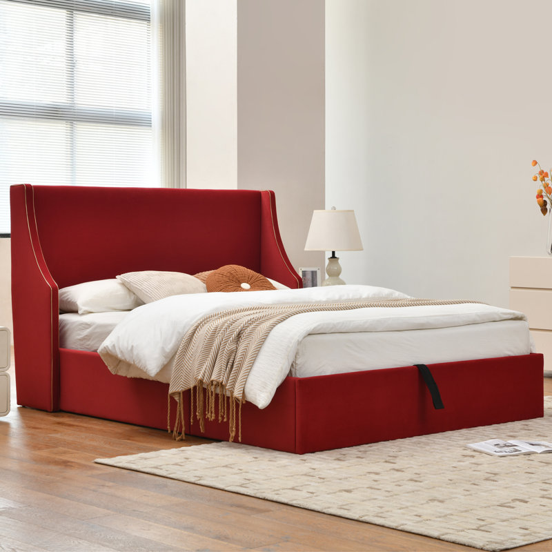 Lit plateforme tapissier avec rangement Linvel, Grand, Velours écarlate