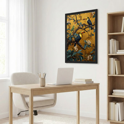 Art mural sur toile noir encadré pour le salon, la chambre à coucher, le bureau ou le vestibule - Décoration murale décorative avec toucan floral