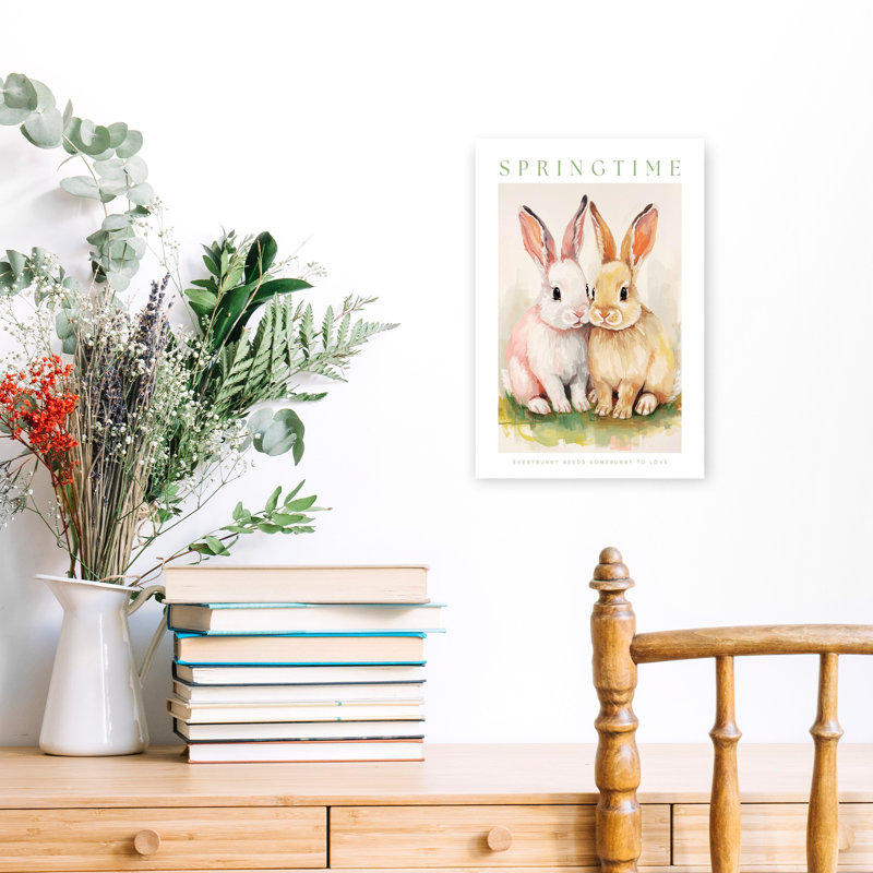 «Spring Bunny Friends», art contemporain mural, lapin et nature, H 18 po x l 12 po