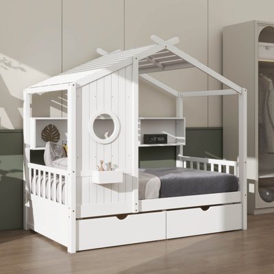 Wooden Twin-Size House-Style Bed With 2 Drawers, Including Storage Shelf