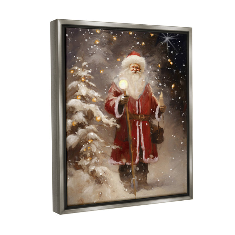 «Santa In Snowy Night Scene» par Ramona Murdock sur toile, H 21 po x l 17 po, Cadre flottant gris lustré