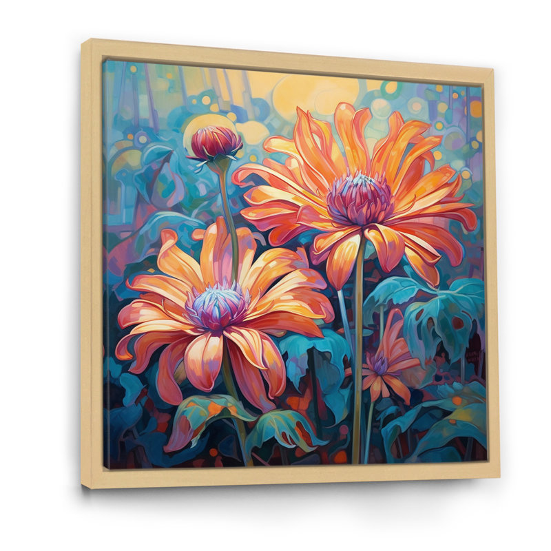 " Blossoming Orange Chrysanthemums Retro ", 30" H x 30" W x 1" D, Brown Floater Framed