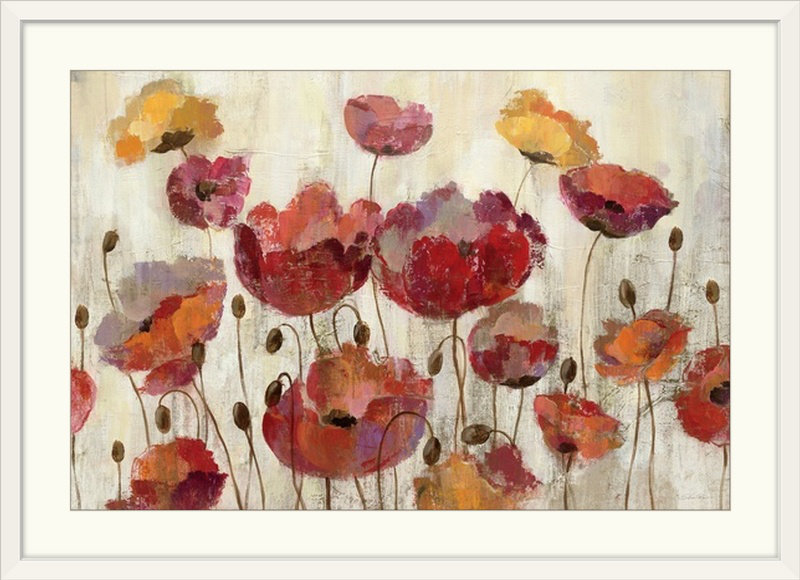 «Poppies in the Rain» par Aniessa, reproduction d'art, H 32 po x l 44 po x P 1 po, Cadre blanc
