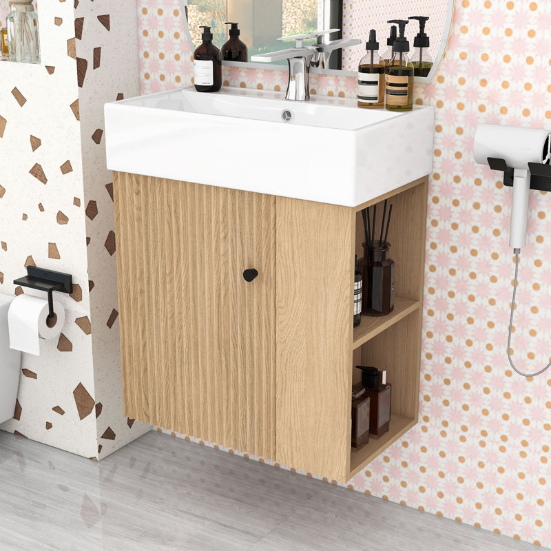 Maurice Modern Floating Bathroom Vanity with Ceramic Sink, Wave-Patterned Door and Storage Shelves, Wood