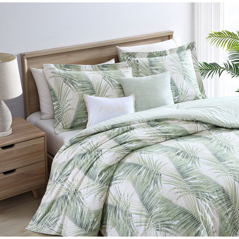 Ensemble d'édredon réversible en coton vert 5 pièces Tommy Bahama Kauai, Édredon très grand, 2 taies et 2 coussins décor