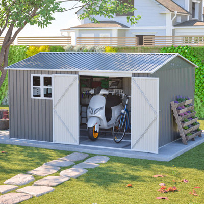 Remise de rangement extérieure en métal de 12 pi x 10 pi, grande remise à outils de jardin pour l'extérieur avec portes verrouillables, bâtiment de rangement utilitaire en acier imperméable, remise d'équipement robuste pour la cour arrière