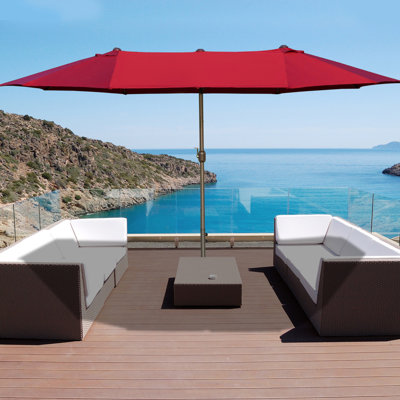 15' Outdoor Double Sided Patio Umbrella - Steel Rectangular Market Umbrella. Sunshade Feature, Easy Control, Wine Red For Deck Pool Shade Provider Weather Resistance, Crank, Poolside