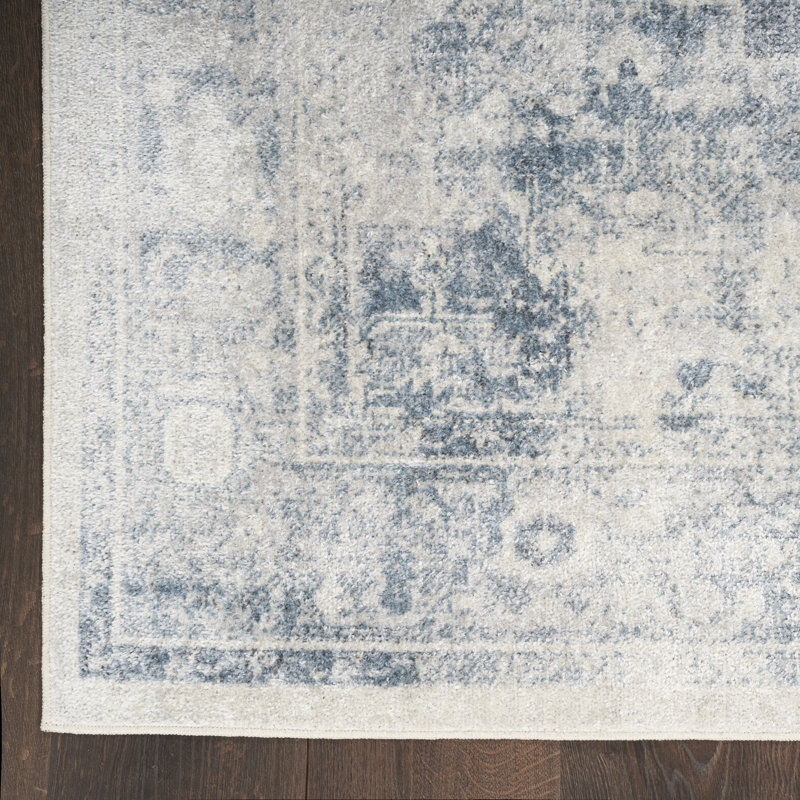 Tapis bleu / ivoire lavable en machine Privette, Tapis de couloir 2 pi 2 po x 8 pi