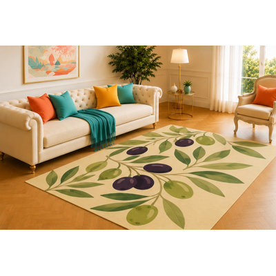 "Ultra Lightweight" 5'x7' Olive Branch Area Rug, Modern Mediterranean Olive Fruit Botanical Design in Green Black and Cream, Soft Low Pile Carpet for Living Room Kitchen Dining Room Decor