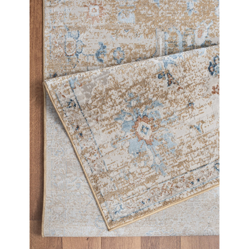 Gold and Beige 5' x 7' Stain-Resistant Synthetic Area Rug
