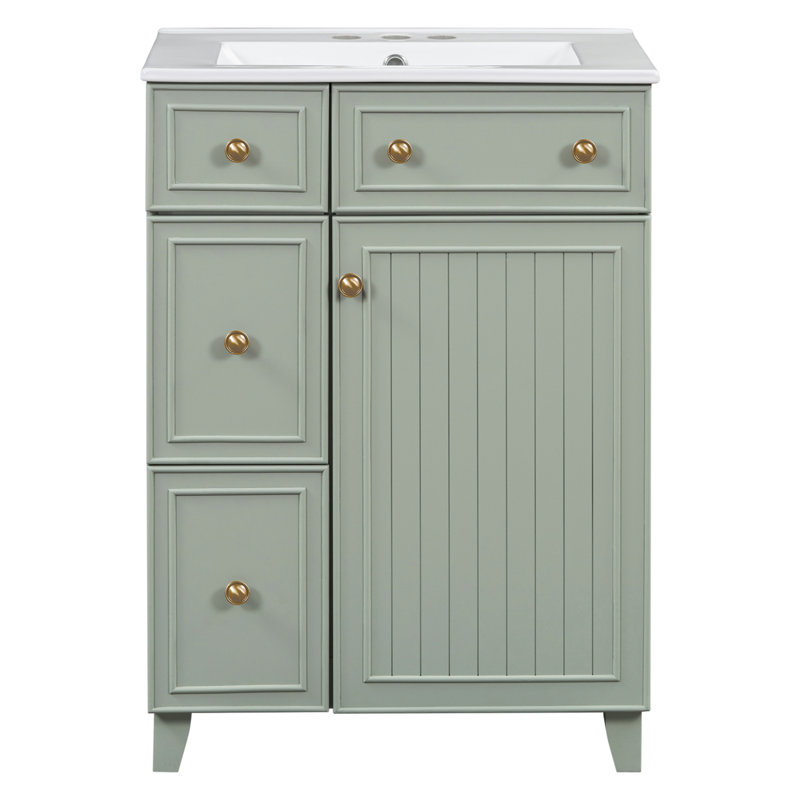 Armoire de salle de bain avec lavabo en céramique, 2 tiroirs, 2 portes, Vert