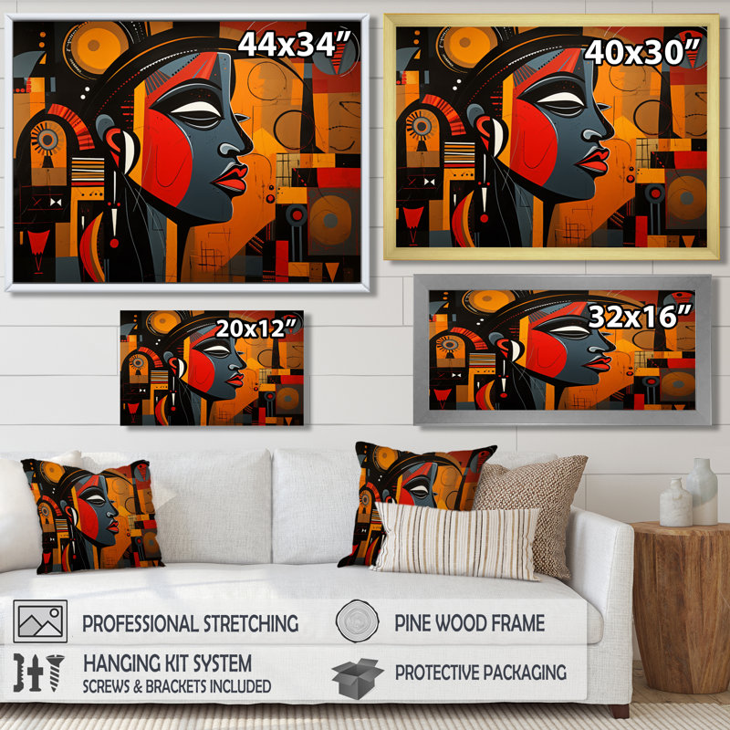 Portrait contemporain, collage géométrique - art mural africain, salon, Cadre flottant noir, H 16 po x l 32 po x P 1 po