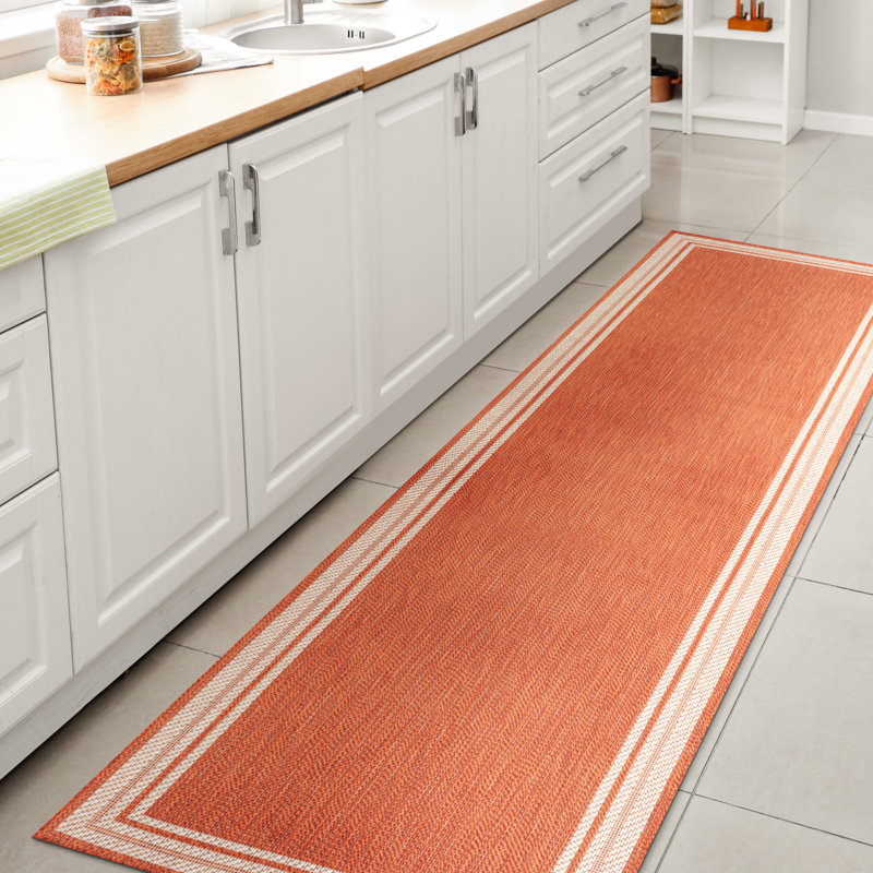 James Modern Border Stripe Orange/Cream Indoor/Outdoor Rug, Runner 2' x 8'